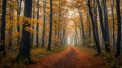 Fototapeta premium Beautiful Autumn in the Forest with Golden Leaves, Crisp Air, and Tranquil Woodland Paths — Vibrant Fall Foliage, Warm Colors, and Peaceful Nature Scenery