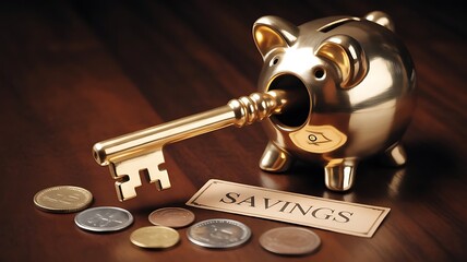 A golden piggy bank with a key, symbolizing savings and investment