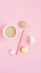 Fototapeta premium Flat lay aesthetic pink background with coffee macarons and pencil for wallpaper art