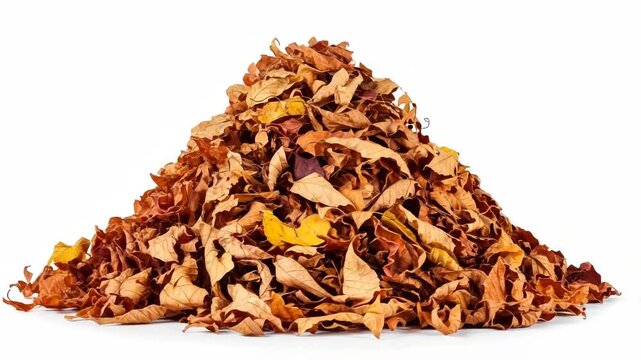 A large pile of dry, brown and orange autumn leaves isolated on a white background