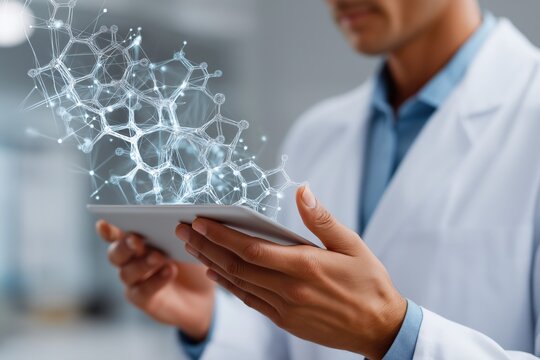 Male scientist interacting with futuristic molecular visualization on tablet in laboratory - Powered by Adobe