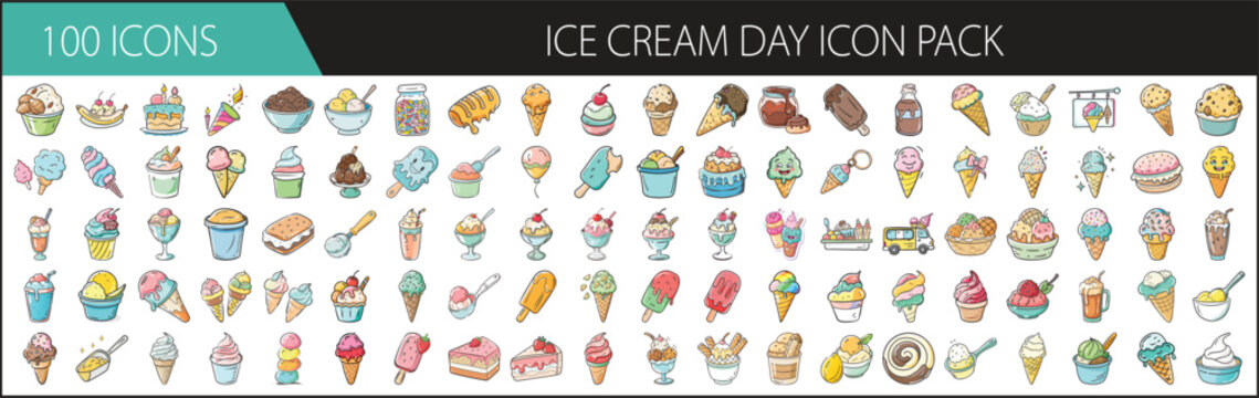 Ice Cream Day icon pack with 100 sweet dessert illustrations - Vector icon set of 100 colorful Ice Cream Day illustrations, featuring cones, sundaes, popsicles, toppings, and frozen treats in various 