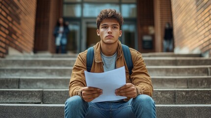 A young man sits on outdoor steps, holding papers, with a focused expression, suggesting contemplation or study in an urban setting.