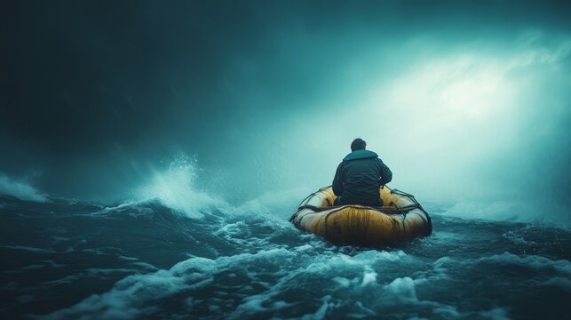 A lone person in a yellow raft faces powerful, turbulent ocean waves under a dark, stormy sky.