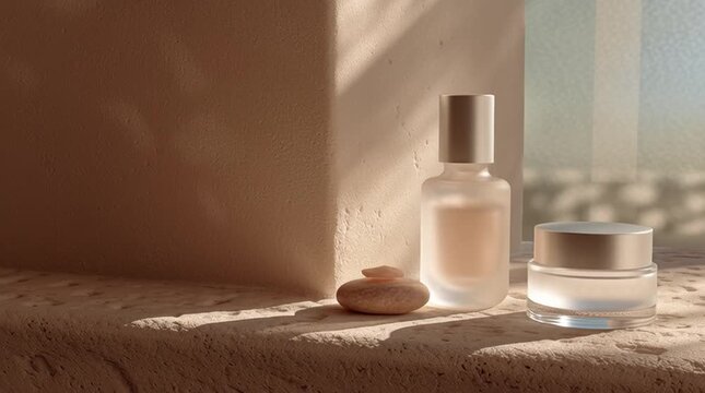Sunlit skincare products, a textured stone, and a backdrop suggesting a tranquil, minimalist spa retreat.
