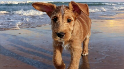 Cute Golden Puppy Playing on a Sunny Beach with Gentle Waves