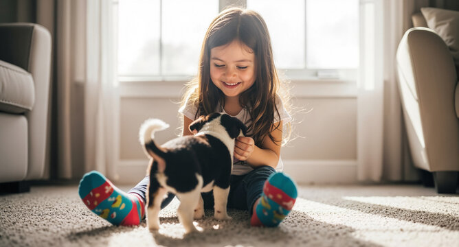 Child sitting on her living room carpet and smiling as she plays with her puppy dog, cozy warm Sunday afternoon ambience with bright sunshine through the window