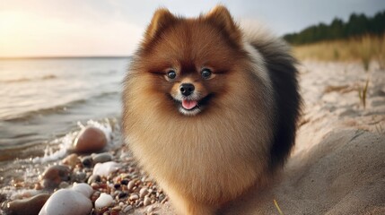 Cute Pomeranian Dog Happily Walking on Sandy Beach at Sunset