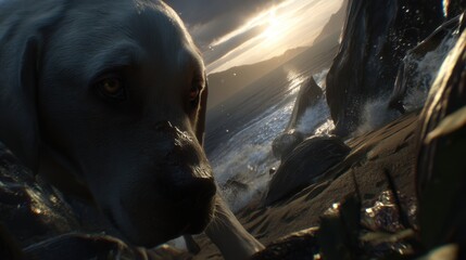 Dog on Beach at Sunset with Waves and Rocks in Background