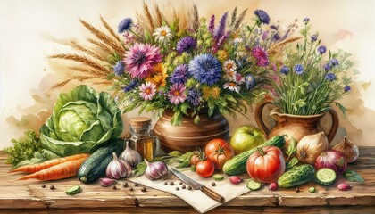 Rustic Farmhouse Kitchen Still Life with Fresh Vegetables and Wildflowers