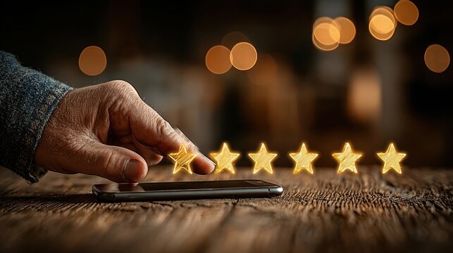 Customer feedback system in digital application, clients giving service ratings and five-star reviews, improving business quality through online satisfaction surveys
