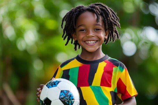 Portrait of a cheerful young boy from Jamaica holding a soccer ball, wearing a colorful t shirt with the colors of the Jamaican flag, smiling in a park