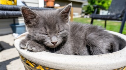 Adorable Grey Kitten Sleeping Comfortably in Flower Pot