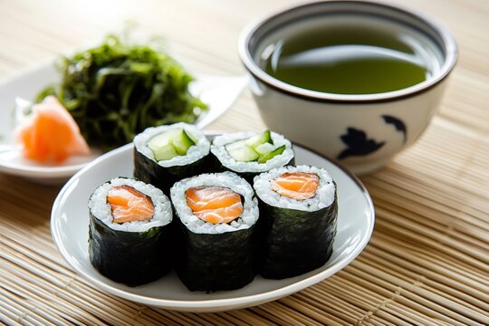 Delicious sushi set menu featuring salmon and cucumber maki rolls, accompanied by a cup of green tea and a wakame salad