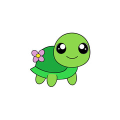 Obraz premium Kawaii Vector of a Smiling Green Turtle with a Flower