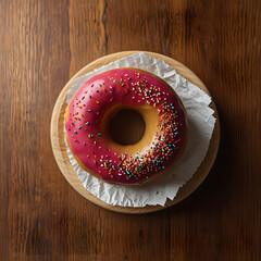 Single Pink Frosted Donut with Sprinkles on Wooden Plate