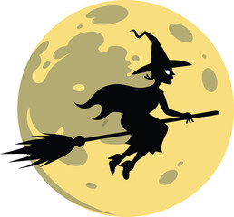 Halloween Witch Flying on Broom Silhouette