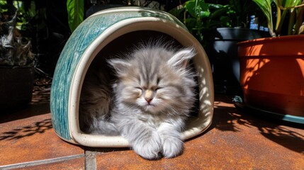 Adorable fluffy kitten resting peacefully in a cozy ceramic shelter