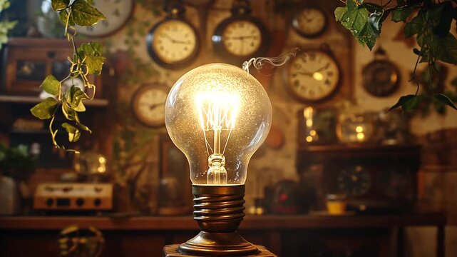 Illuminated vintage light bulb with clock background displaying the concept of time