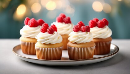 assorted cupcakes with white frosting and fresh raspberries on a plate highlighting dessert aesthetics and vibrant presentation
