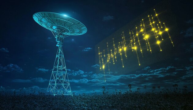 Futuristic Space Communication Tower Digital Particles Glow In Night Sky