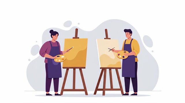 Flat vector two artists are painting on canvases in a studio, expressing their creativity with brushes and palettes, showcasing artistic talent