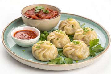 Traditional dumpling momos food from Nepal served with tomato chutney in plate isolated.
