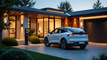 Fototapeta premium Modern Home with Electric Vehicle: A sleek, modern home showcases an electric vehicle parked in its driveway, signifying sustainable living and technological advancement.
