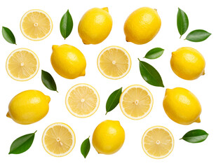 Fototapeta premium Overhead View of Whole and Sliced Lemons with Scattered Green Leaves, Isolated