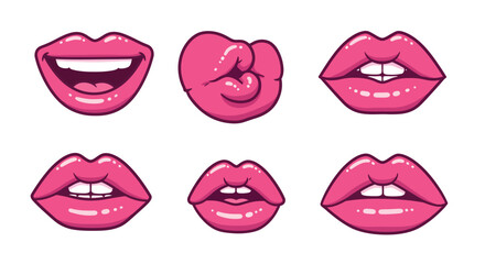Set of cartoon pink lips with various expressions on white background