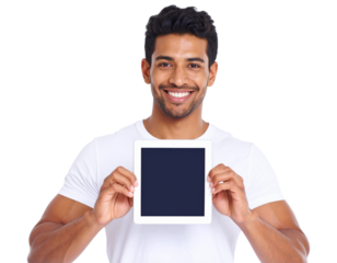 Young man presenting with tablet, transparent background