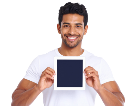 Young man presenting with tablet, transparent background - Powered by Adobe