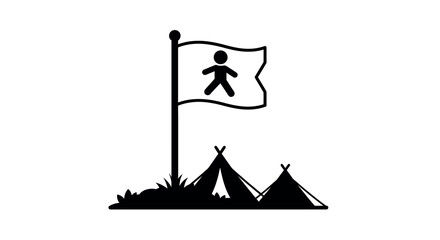 Silhouette of camping tents with flag in minimalist style