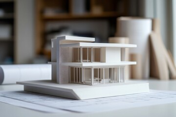 Architectural model of a modern house positioned on blueprints within an architect's office, highlighting the design and planning process