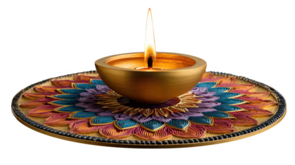 Golden diya on a colorful mandala plate isolated on transparent background