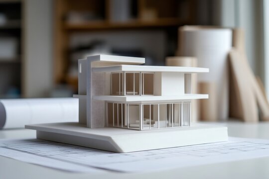 Architectural model of a modern house positioned on blueprints within an architect's office, highlighting the design and planning process