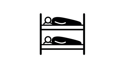 Simple black and white bunk bed icon featuring people sleeping in minimalist style