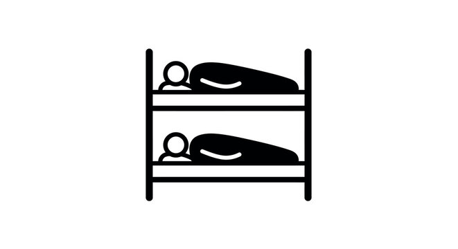 Simple black and white bunk bed icon featuring people sleeping in minimalist style