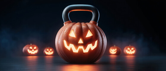 Pumpkin shaped kettle bell with glowing jack-o-lantern design for Halloween themed workout session.. concept flyer banner for Halloween, for gym, fitness trainer, yoga, sport