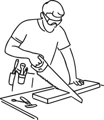The minimalist black line drawing depicts the craftsman's muscular arms gripping the saw handle