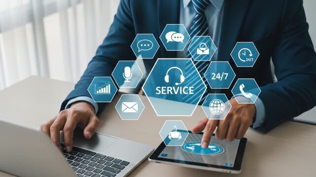 A businessman using technology to illustrate customer service solutions