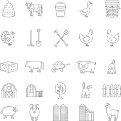 Fototapeta premium Minimalist farm animals and tools line art icons vector illustration for agricultural projects and educational materials.