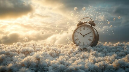 Vintage Alarm Clock in a Dreamlike Flower Field at Sunrise