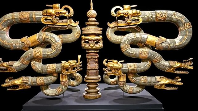 Intricate ancient artifact featuring multi-headed serpents and a central pillar, showcasing detailed craftsmanship