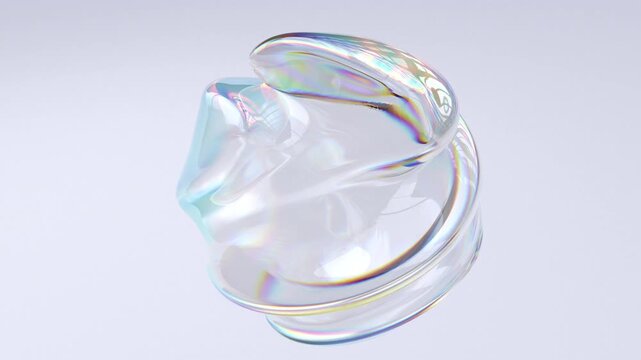 Iridescent 3d rendering shape with rainbow gradient dispersion. Abstract transparent glass metaball with holographic effect. Looped organic fluid form