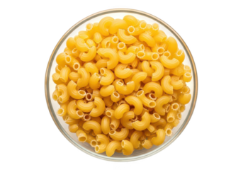 Close up top down view of uncooked elbow macaroni pasta in a clear bowl image