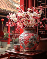 Pink Blossom Vase in Asian Temple Setting