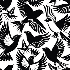 Two Birds Perched on a Blooming Branch Artistic Illustration