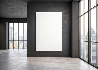 Blank poster on dark wall with city view through windows