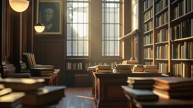 Serene and majestic library hall with vintage books and soft sunlight creating a scholarly ambience